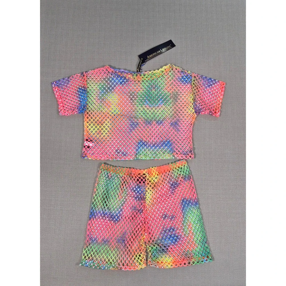 American Leisure Rainbow Tie Dye Mesh 2 Piece Set Crop Top Shorts XL New